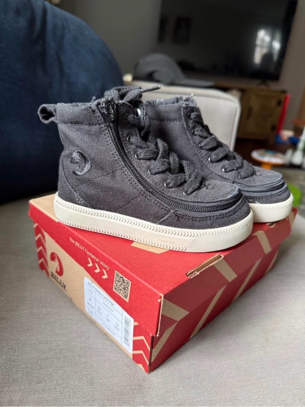 Kids High-Top Canvas Sneakers in Charcoal Black with Side Zip